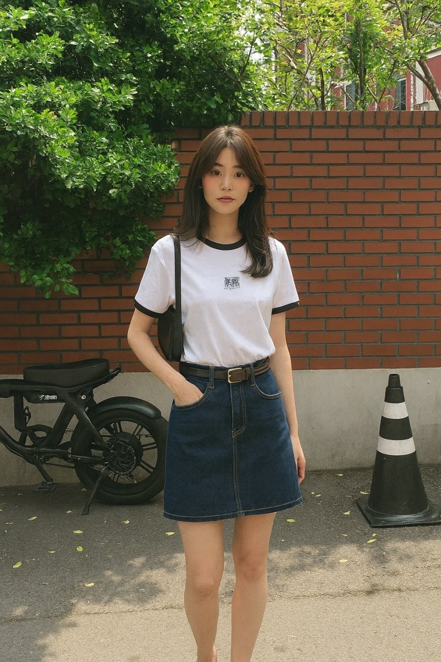 Trẻ trung, năng động và cực dễ phối – công thức áo thun trắng + chân váy denim chưa bao giờ sai.
