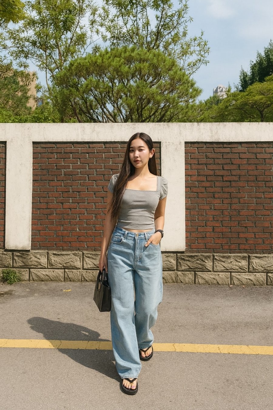 Áo cổ vuông khoe vai gợi cảm kết hợp jeans ống suông – phá cách mà vẫn tinh tế.