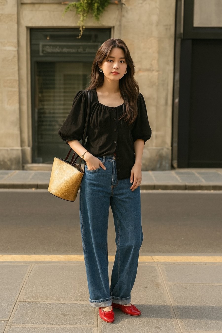 Thanh lịch với blouse tay bồng đen, thêm điểm nhấn đỏ từ đôi giày búp bê cực nổi bật.