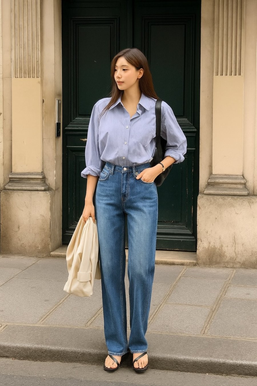 Sơ mi xanh nhạt và quần denim – combo 'nữ chính Paris' không bao giờ sai.