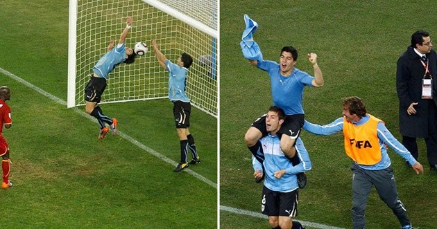 Suarez cố tình dùng tay ngăn cản bàn thắng của Ghana, sau đó cùng ĐT Uruguay thắng trận và đi tiếp.