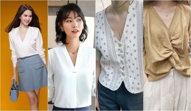 Cổ khoét chữ V không chỉ giúp kéo dài phần cổ, tạo cảm giác gương mặt thanh thoát hơn