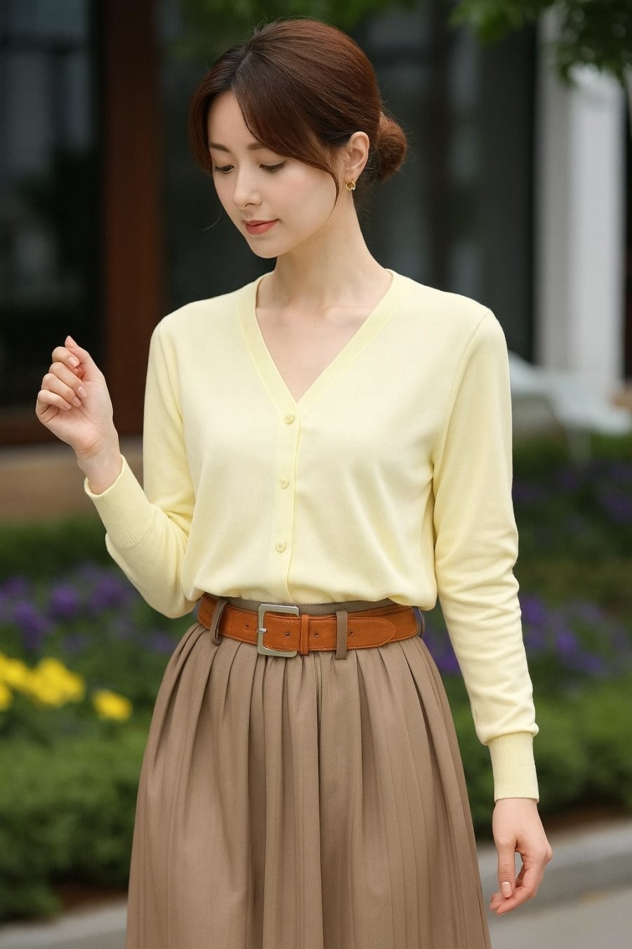 Chiếc áo cổ chữ V giúp tôn dáng, tạo sự thanh thoát cho gương mặt và phong thái tự tin.