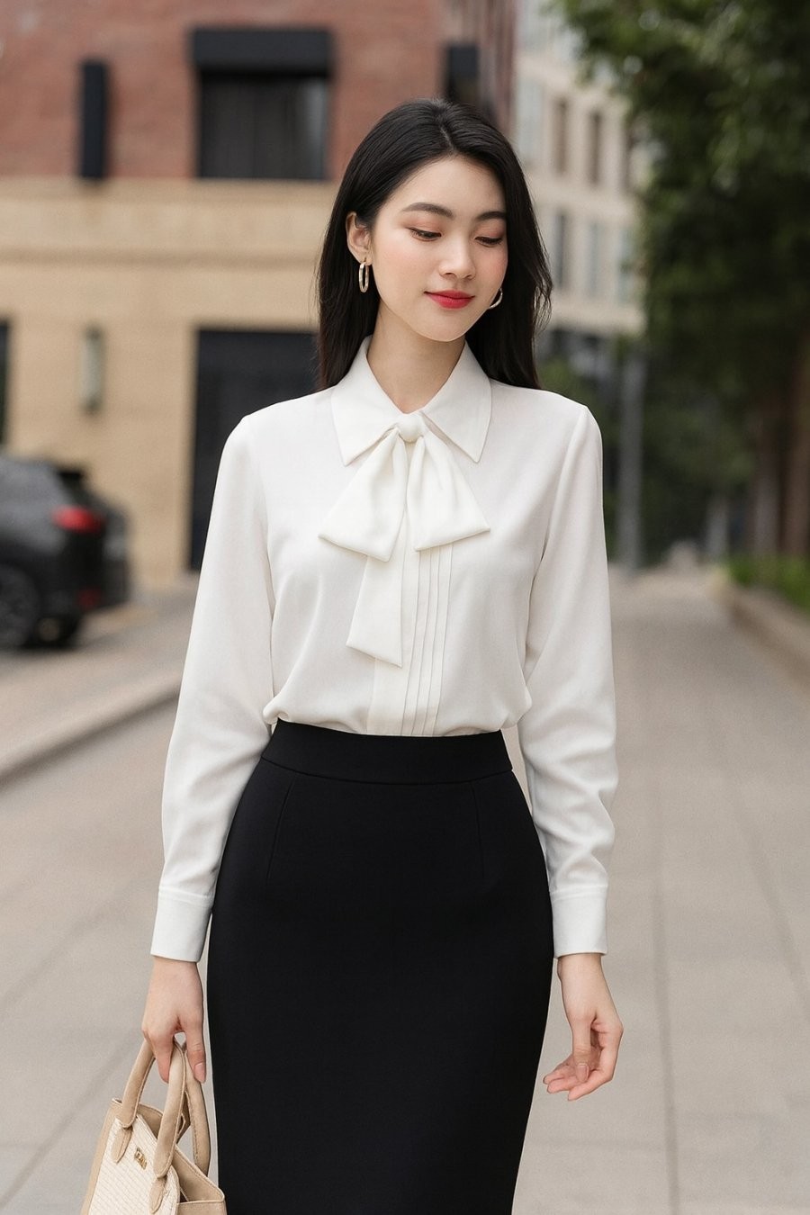 Sơ mi trắng kiểu cách phối cùng chân váy đen – công thức mặc đẹp mọi mùa, không bao giờ lỗi thời.