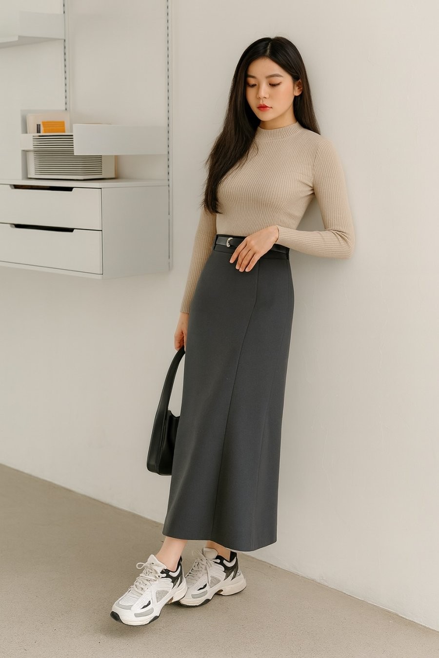 Chân váy dài mix giày thể thao – phong cách smart casual đang được hội chị em săn lùng!