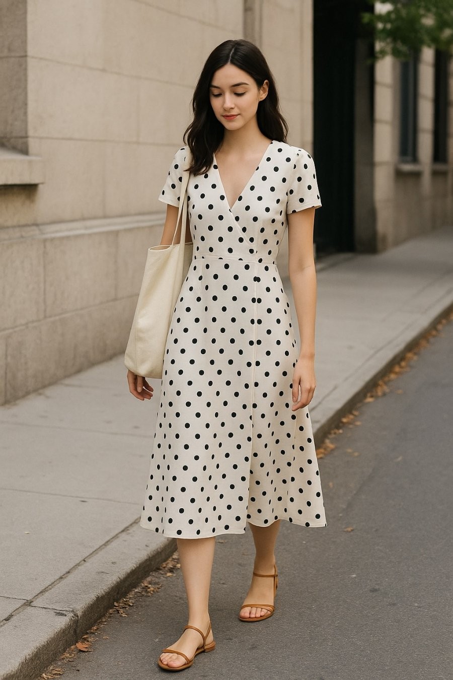 Thanh lịch mà vẫn tươi mới: váy chấm bi trắng cổ V phối sandal dây mảnh và túi tote, chuẩn phong cách hè nhẹ nhàng.
