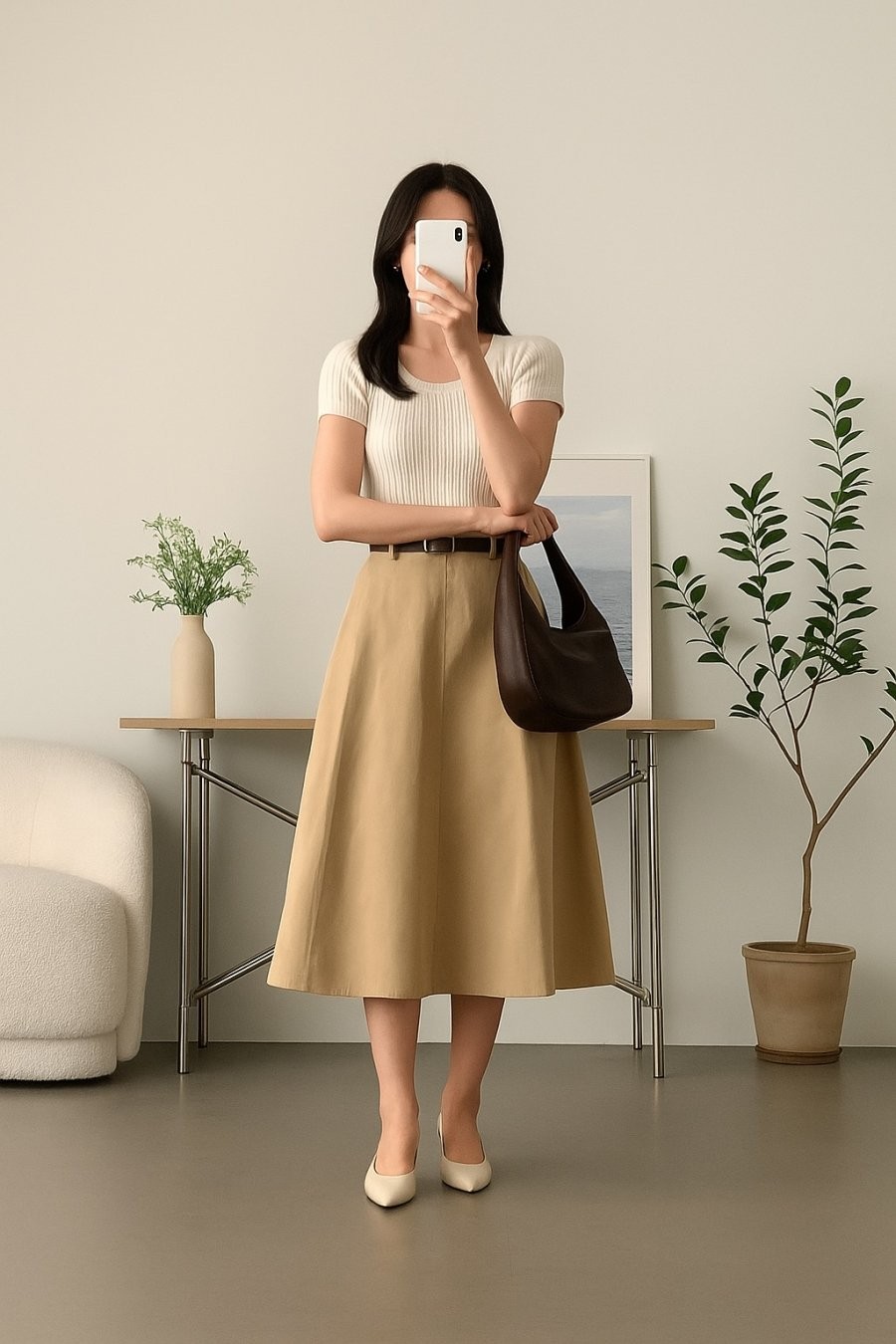 Trẻ trung, thoải mái nhưng vẫn chỉn chu với combo áo len và chân váy thô.