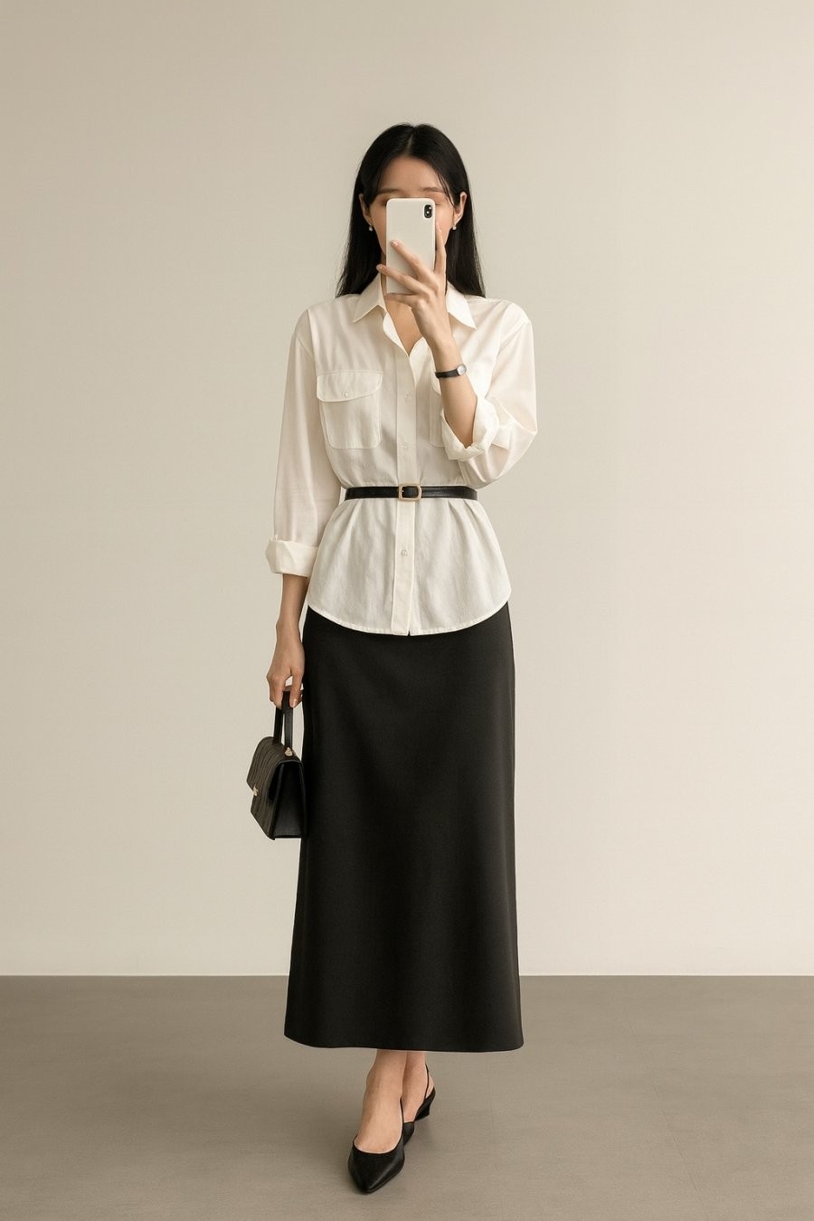 Outfit kinh điển cho công sở: sơ mi trắng, váy suông và một chiếc thắt lưng mảnh tôn dáng.
