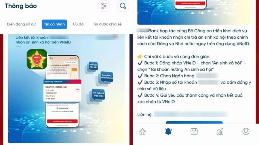 Một ngân hàng gửi thông báo hướng dẫn liên kết tài khoản ngân hàng với VNeID để nhận phần quà 100.000 đồng dịp 2/9.