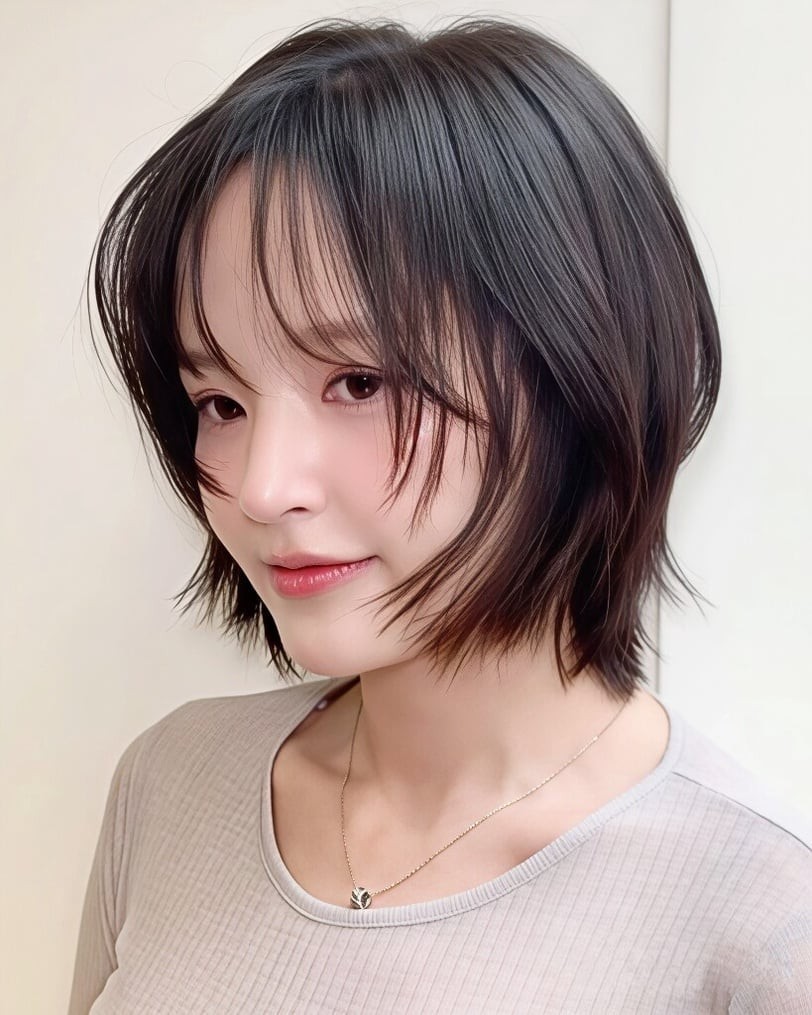 Đuôi tóc được tỉa thật mỏng, dài đến ngang hoặc dưới tai, giúp mái tóc nhẹ nhàng, không bết dính.