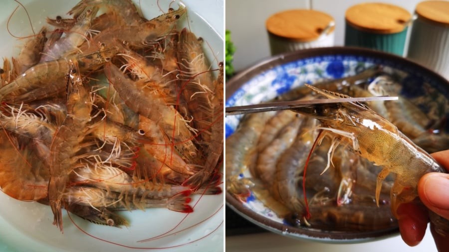 Sơ chế tôm trước khi luộc.
