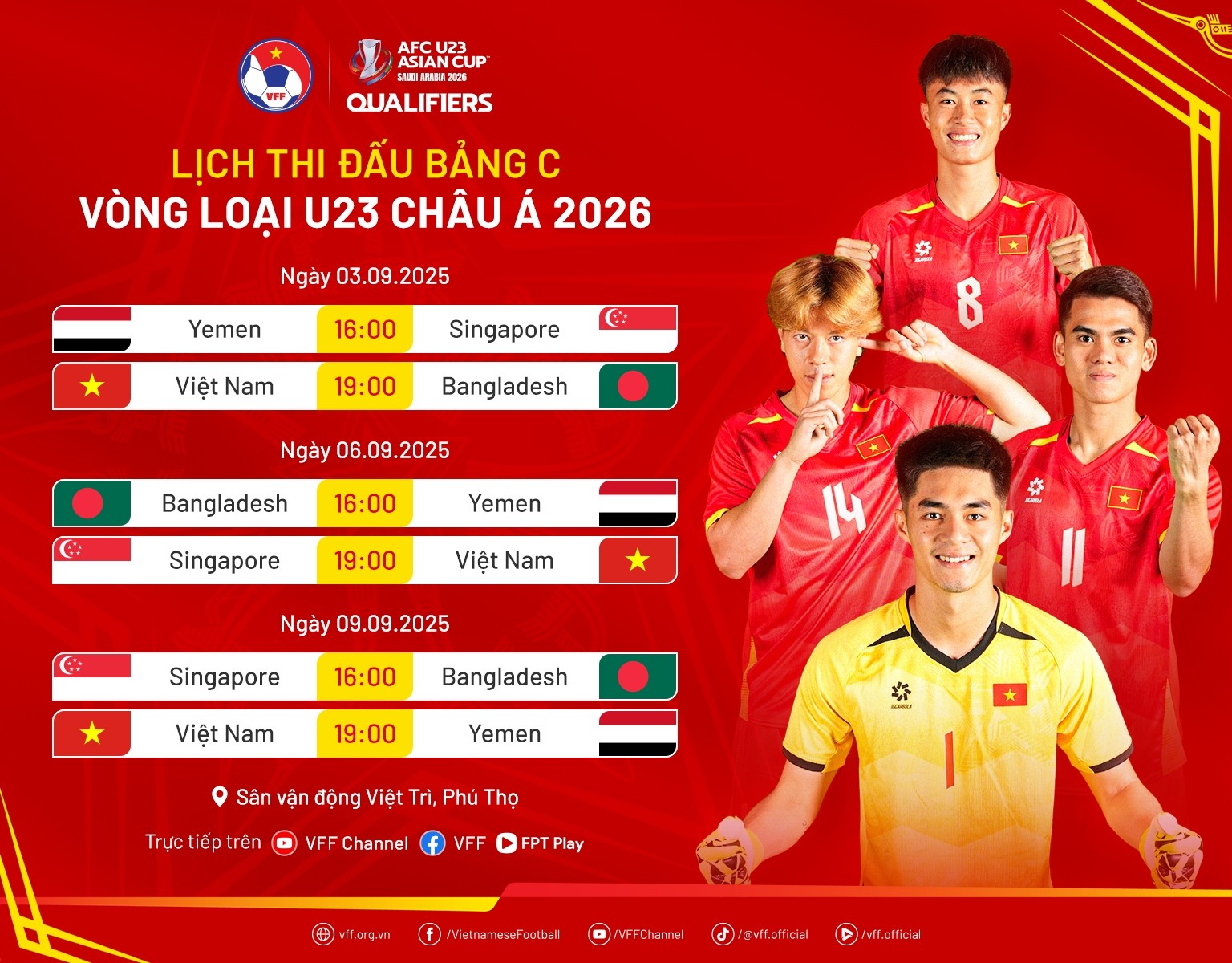 Lịch thi đấu vòng loại bảng C Giải U23 châu Á 2026. Ảnh: VFF.