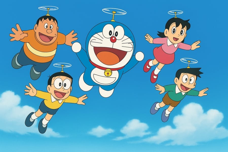 Khoảnh khắc “quốc dân” của Doraemon – cả nhóm cùng đội chong chóng tre bay trên bầu trời tuổi thơ.