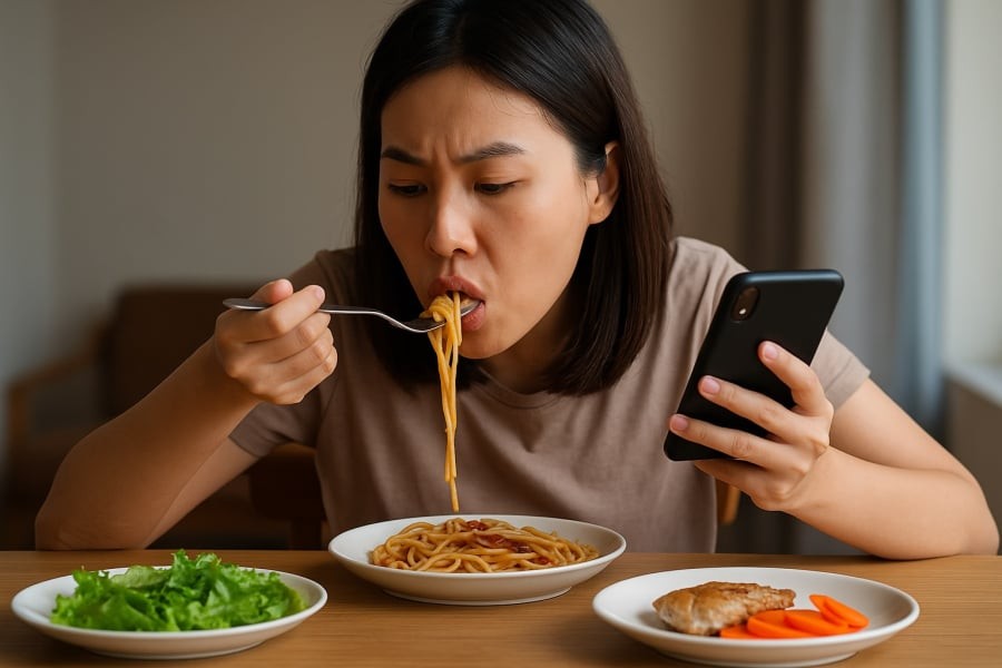Thói quen ăn nhanh, vừa ăn vừa lướt điện thoại khiến dạ dày chịu nhiều áp lực.