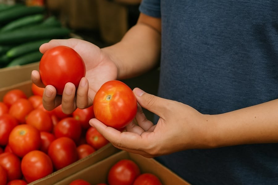 Cà chua chín tự nhiên thường mềm, có mùi thơm – không đỏ au đều như cà chua chín ép bằng thuốc.