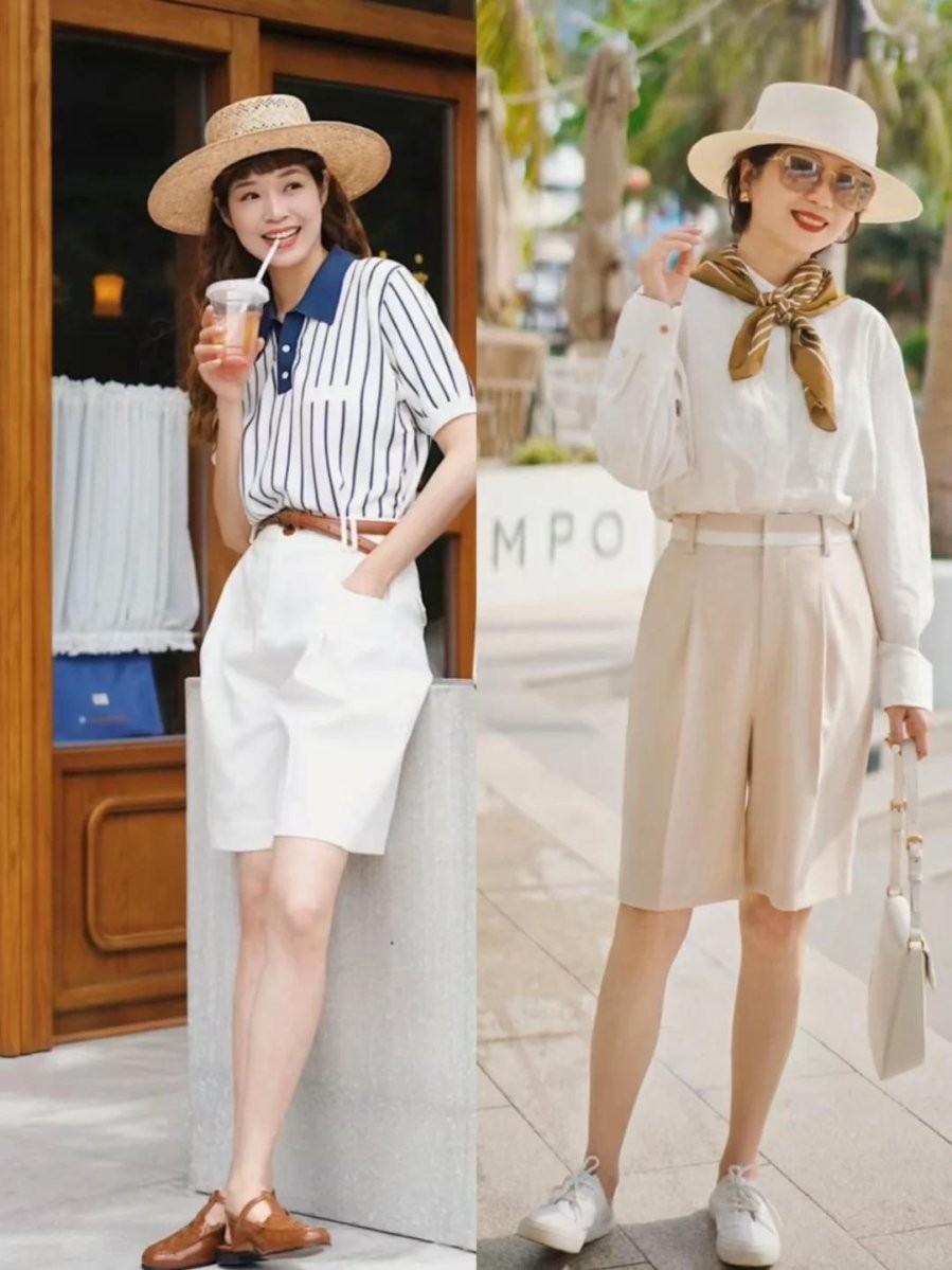 Quần short cạp cao dáng rộng như Bermuda lại có khả năng kéo dài đôi chân,
