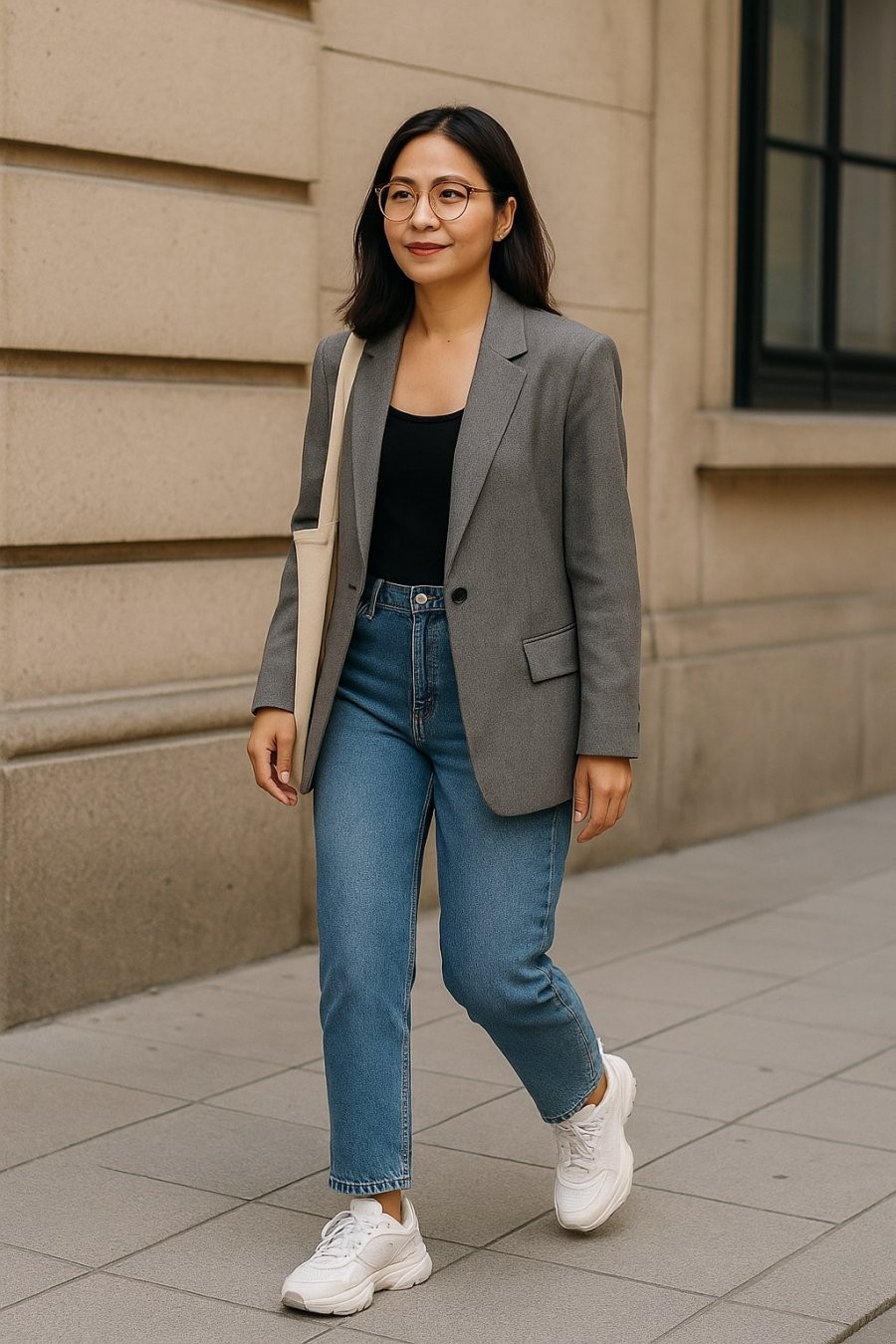 Blazer xám mix jeans và sneakers – set đồ trẻ trung cho ngày làm việc năng động.