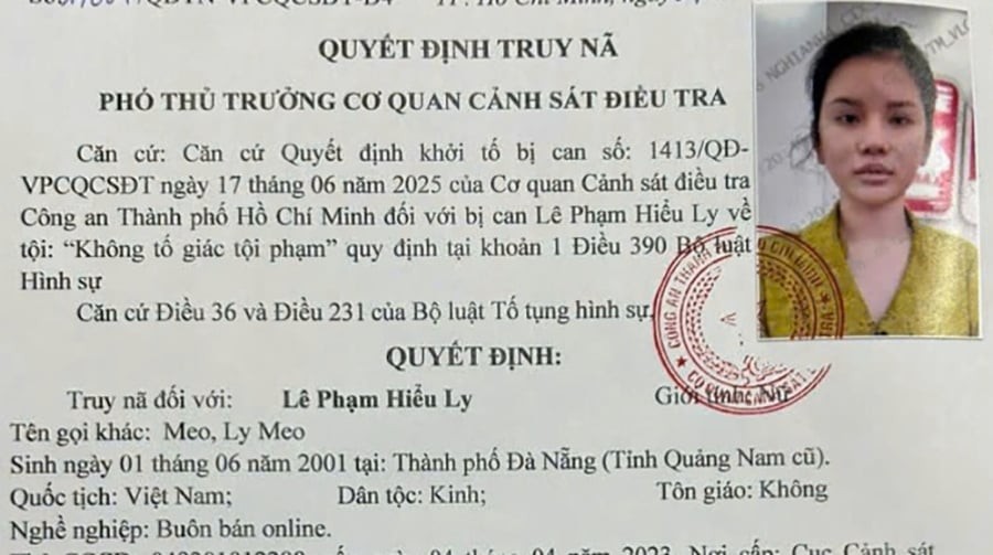 Công an TPHCM phát lệnh truy nã Lê Phạm Hiểu Ly. Ảnh: CACC

