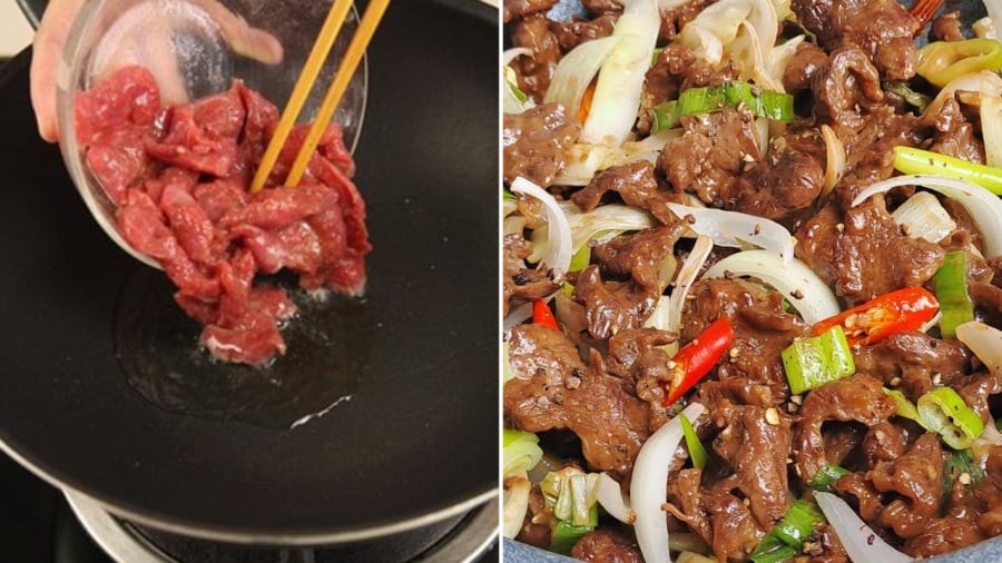 Khi xào thịt bò, bạn cần để lửa lớn và đảo nhanh tay.