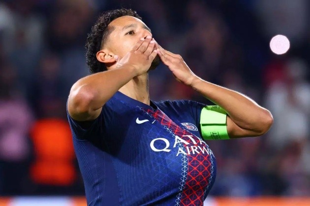 Marquinhos ghi bàn mở tỷ số cho PSG trước Atalanta.