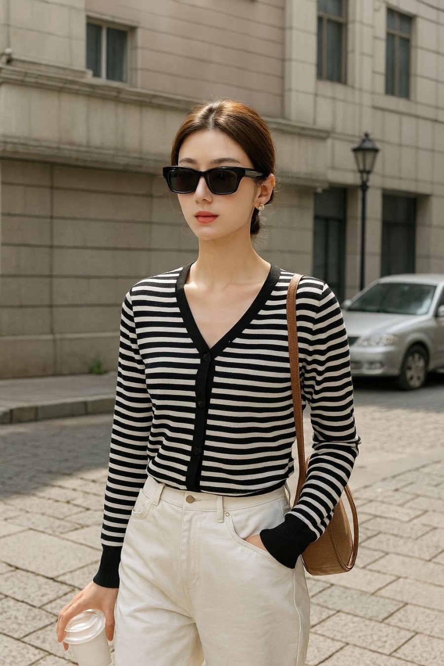 Cardigan mỏng nhẹ với họa tiết kẻ ngang đen trắng giúp nàng dễ dàng mix-match đi làm, đi chơi. Kết hợp cùng quần trắng và túi đeo chéo là đủ thanh lịch và hợp xu hướng.