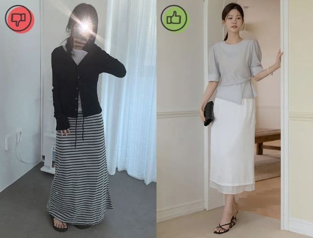  Các đường kẻ ngang vốn có khả năng “kéo ngang” thị giác, khiến vòng hông và phần đùi trông đầy đặn hơn