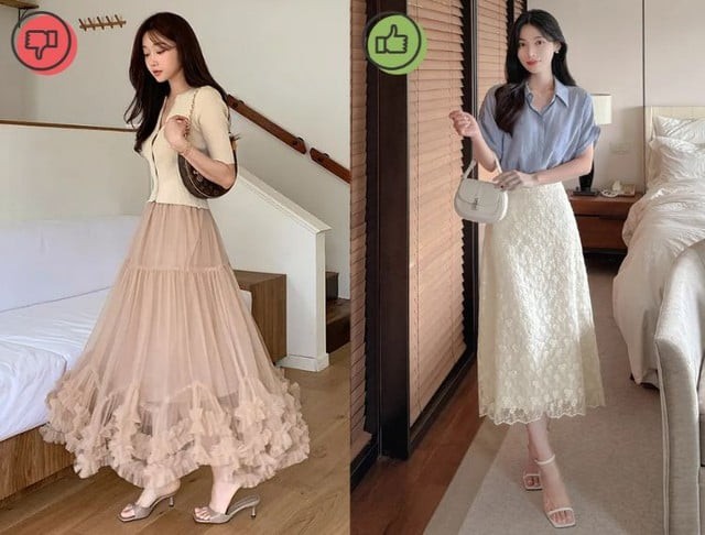 Các chi tiết xếp tầng, bèo nhún dễ khiến phần thân dưới trở nên nặng nề, làm vóc dáng mất cân đố