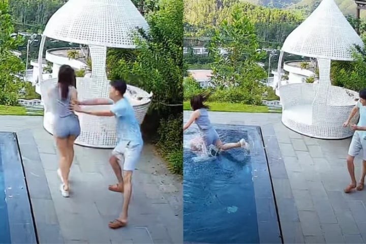 Mạnh Trường gây xôn xao với khoảnh khắc đẩy vợ ngã xuống bể bơi