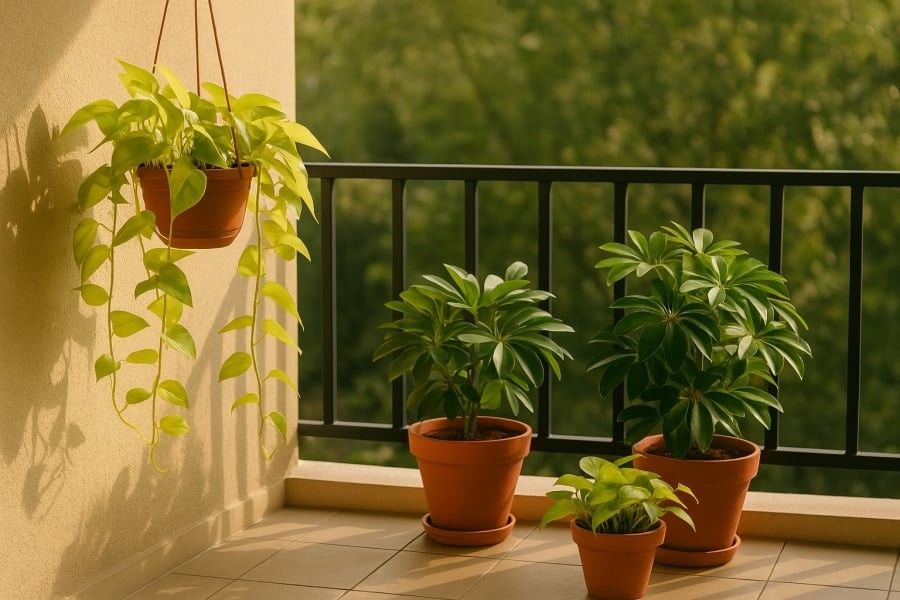 Không gian xanh mướt với trầu bà và ngũ gia bì – vừa lọc khí độc, vừa giữ tài khí cho ngôi nhà.
