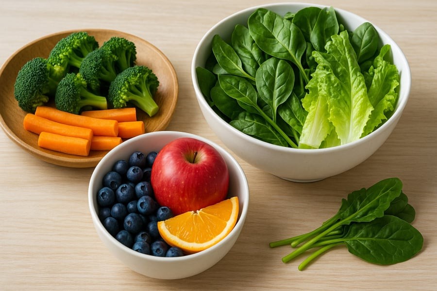 Rau xanh và trái cây tươi – nền tảng giúp cơ thể chống lão hóa, duy trì tuổi xuân.