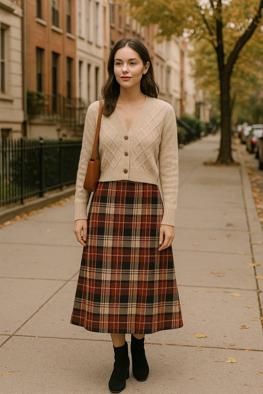 Chân váy midi kẻ tartan – lựa chọn hoàn hảo cho nàng công sở yêu thích phong cách cổ điển.