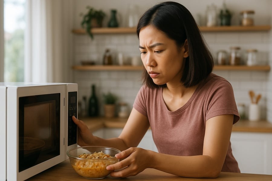 Hâm nóng đồ ăn thừa vào buổi sáng là thói quen phổ biến nhưng tiềm ẩn nhiều rủi ro sức khỏe.