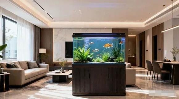 Phòng khách là nơi lý tưởng để đặt các vật trang trí liên quan đến nước, như bể cá hay đồ trang trí mô phỏng nước chảy, nhằm kích hoạt tài lộc.