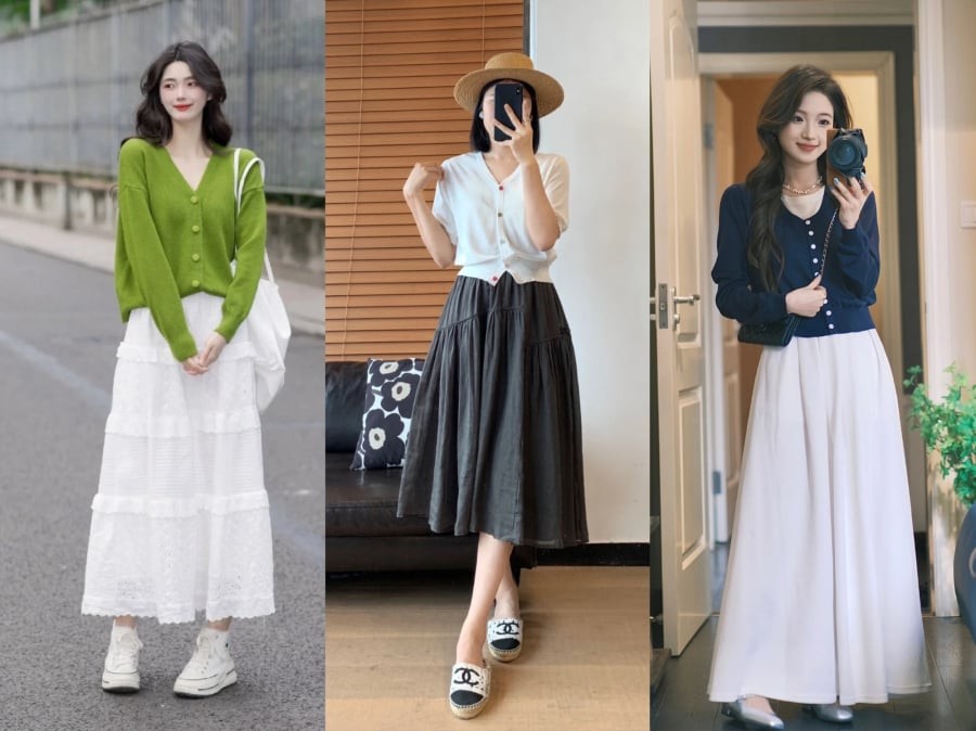 Công thức “áo len trơn + chân váy họa tiết” luôn giúp tổng thể trở nên hài hòa 