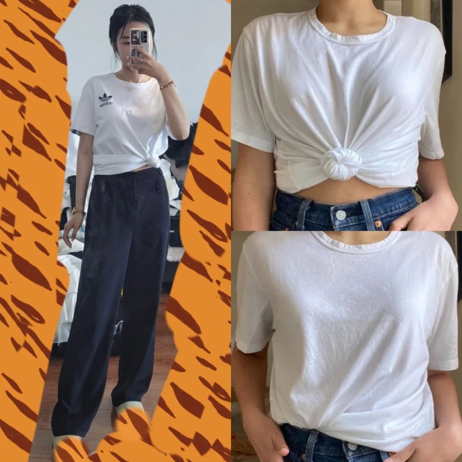  Một số nàng còn khéo dùng dây chun hoặc khăn lụa để cố định nút buộc, vừa chắc chắn vừa trở thành điểm nhấn thời trang.
