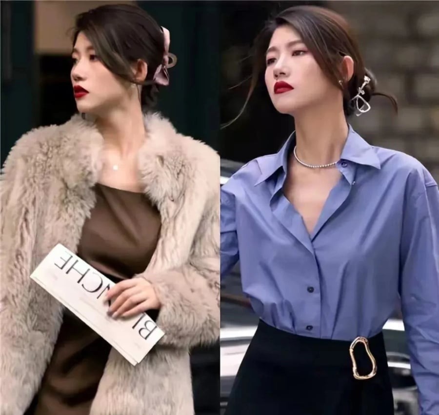 Kiểu tóc dài búi thấp kết hợp áo cổ cao giúp gương mặt thêm gọn gàng và tạo ấn tượng chỉn chu.