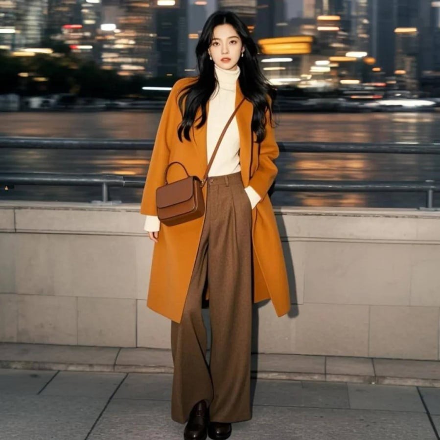Cam vốn là màu của sức sống, khi hòa cùng sự trầm tĩnh của nâu quả thông tạo nên outfit vừa ấm áp vừa tươi mới. 