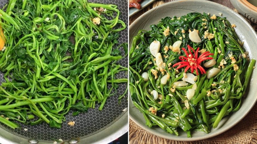 Bạn cần xào rau muống ở lửa lớn để rau nhanh chín, giữ được màu xanh đẹp mắt.