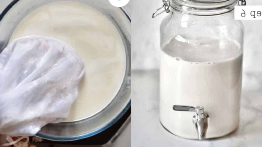 Vắt nước cốt dừa để làm dầu dừa ép lạnh.