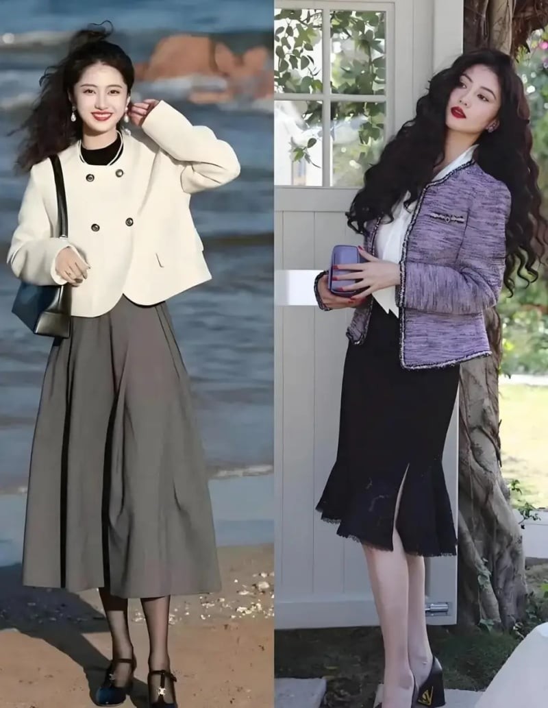 Chỉ cần một chiếc áo khoác tweed phối cùng váy chữ A hoặc váy midi là đã có ngay diện mạo tinh tế, cuốn hút.