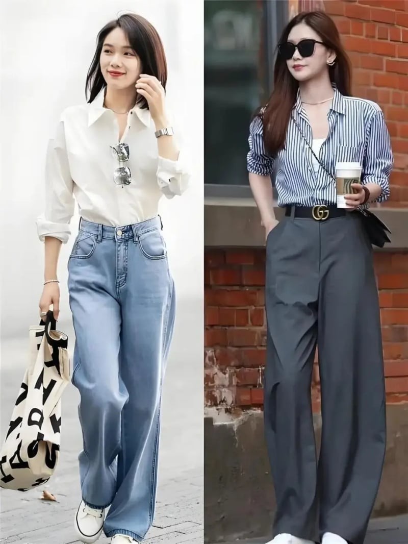 Quần jeans ống đứng phối sơ mi trắng, hoặc quần tây xám mix cùng áo len pastel đều mang lại cảm giác trẻ trung, nhẹ nhàng