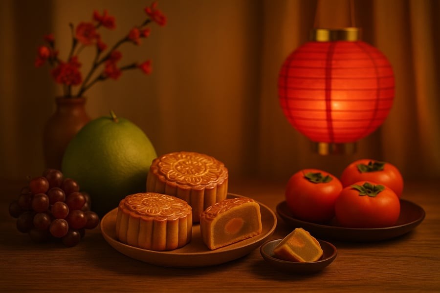 Mâm cỗ Trung Thu tròn đầy – biểu tượng cho sự sum vầy và tài lộc viên mãn.