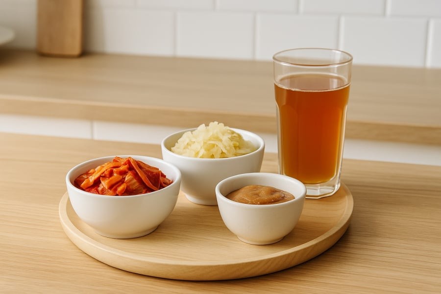 Thực phẩm lên men như kimchi, kombucha hay miso mang lại nguồn lợi khuẩn tự nhiên, giúp đường ruột khỏe mạnh và tinh thần nhẹ nhõm hơn.