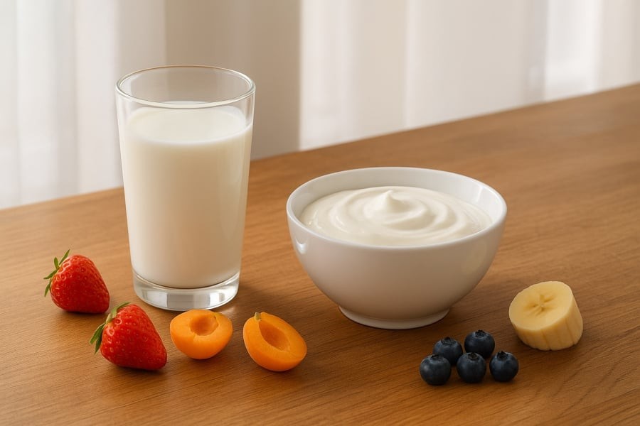 Kefir và sữa chua là hai nguồn men vi sinh tự nhiên giúp cân bằng hệ tiêu hóa, dễ tìm trong mọi siêu thị Việt.