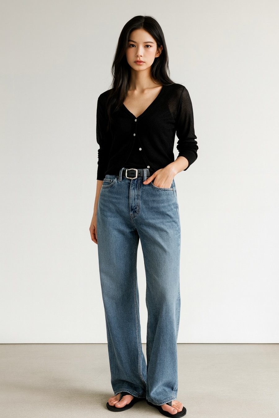 Mặc jeans ống suông không bao giờ sai! Chỉ cần một chiếc cardigan mỏng và đôi dép đơn giản, bạn đã có outfit vừa năng động vừa “chất lừ” cho ngày thu dịu mát.