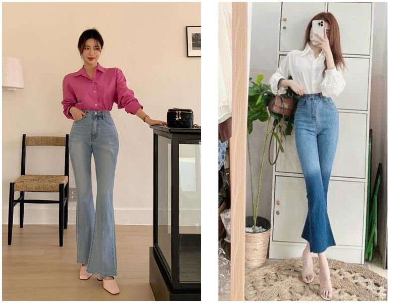 Lưng cao vốn dĩ là chi tiết giúp “ăn gian” chiều dài đôi chân, và khi kết hợp cùng dáng ống loe, hiệu ứng càng rõ rệt hơn.