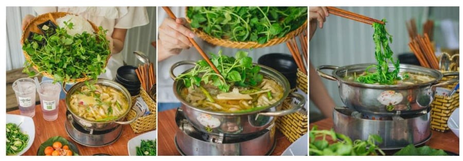 Rau lỗ bình nhúng với lẩu gà là món ngon được thực khách yêu thích khi du lịch Lâm Đồng. (Ảnh: Lẩu gà tháng Năm)