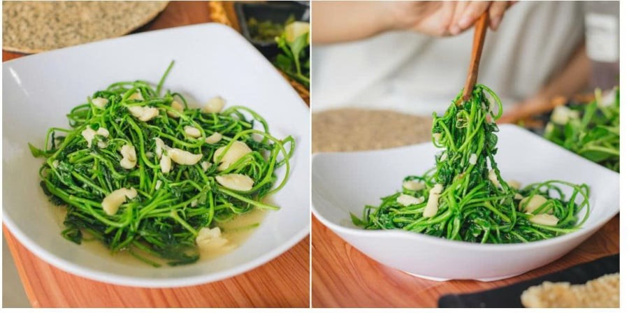 Món rau lỗ bình xào tỏi. Rau không cần trụng sơ trước khi xào nhưng vẫn giữ được độ giòn ngon và màu xanh đẹp mắt. (Ảnh: Lẩu gà tháng Năm)