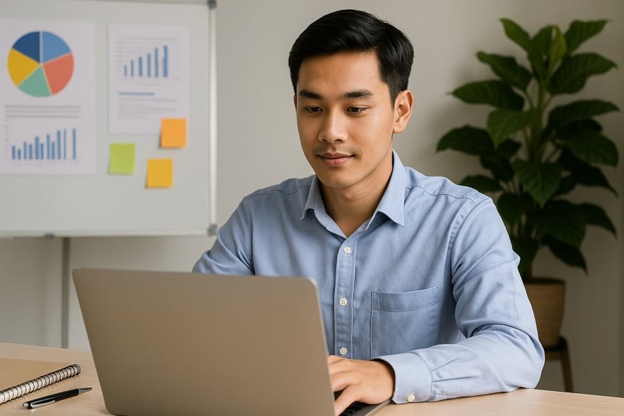 Nhân viên có ánh mắt sáng và thái độ chuyên tâm – dấu hiệu của người có năng lực và tầm nhìn.