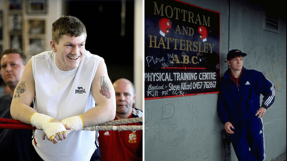 Split image of Ricky Hatton leaning over the ropes smiling and Hatton leaning against the sign for Mottram and Hattersley ABC gym